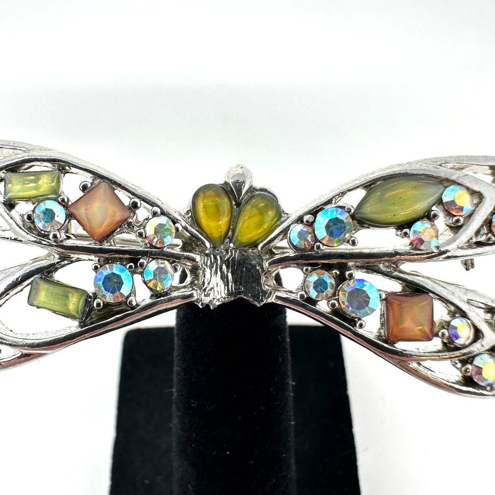 Vintage Dragonfly Brooch Aurora Borealis Rhinestone Art Glass Silver Tone - Picture 3 of 10